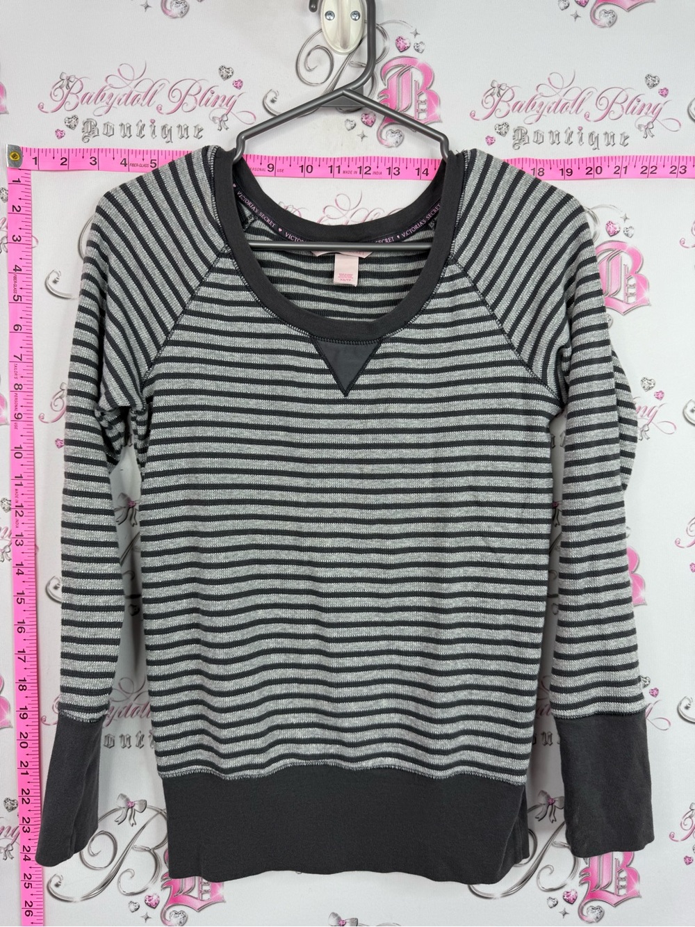 Victoria's Secret shirt vintage rare Gray sparkle Black Striped Crewneck Sweater